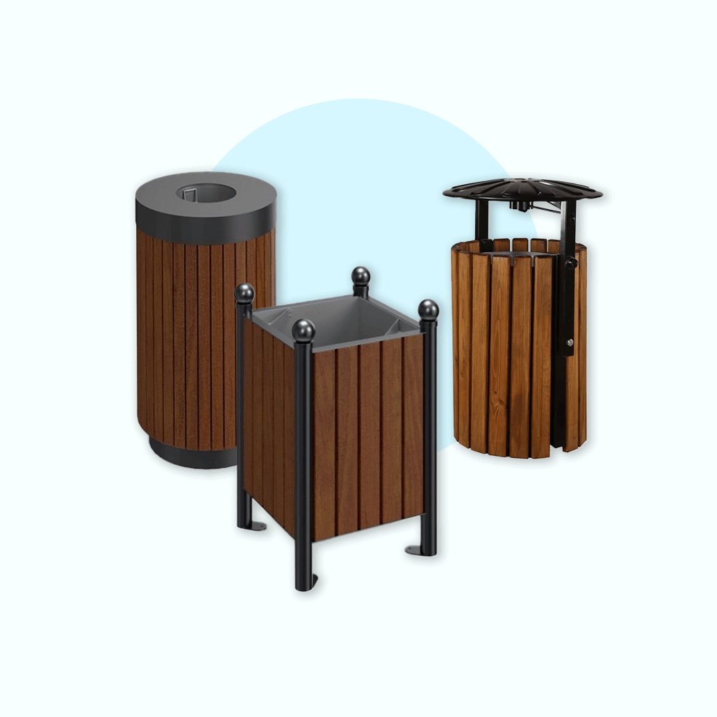 Wooden trash bins, wooden park bins, wooden trash cans.