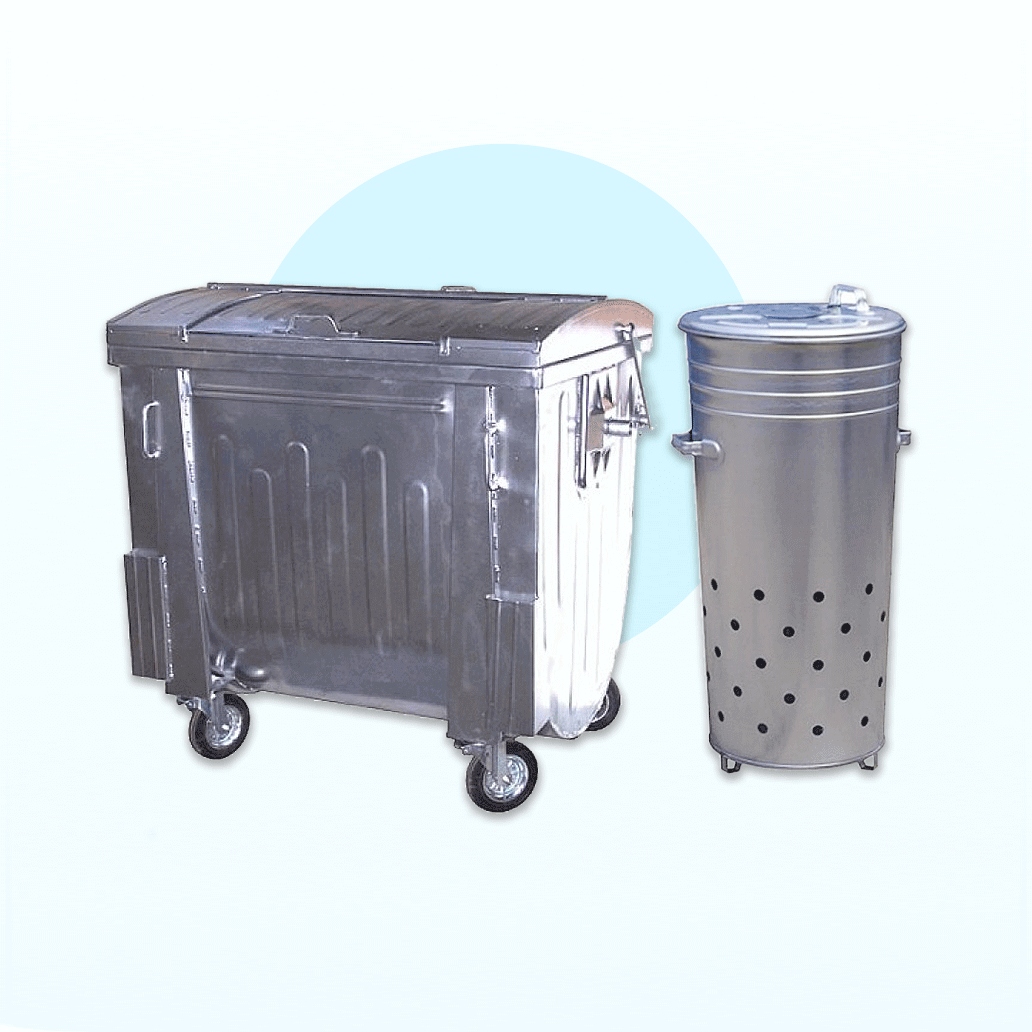 Metal waste containers, ash bins and baskets.