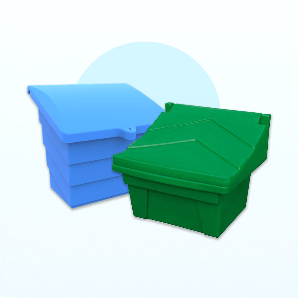 Sand containers, sand and salt containers, road salt containers, sand boxes.