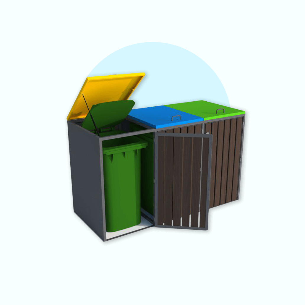 Bin enclosures, trash bin enclosures, bin covers, wooden bin enclosures.