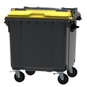 Waste container 1100 L ESE split lid with flap-in-flap, yellow